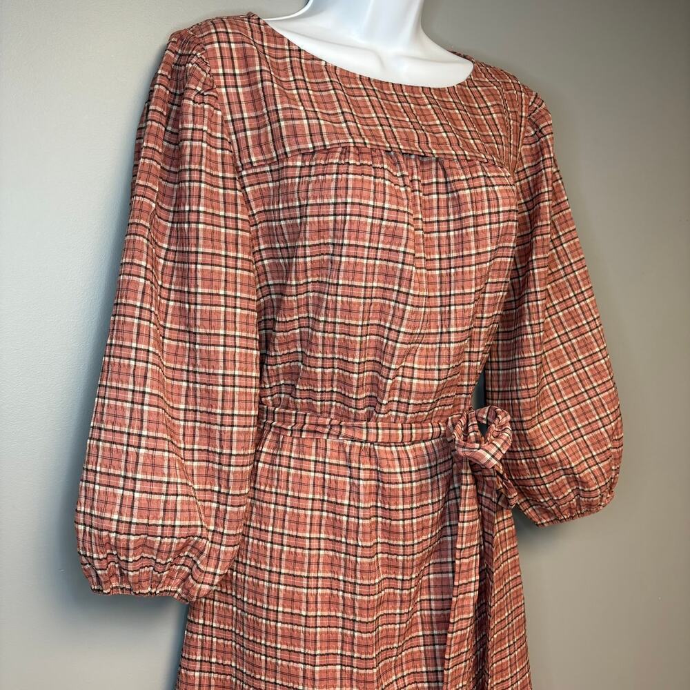 Loft Outlet Cottagecore Puff Sleeve Prairie Plaid Seersucker Belted Dress Sz L - Picture 2 of 6